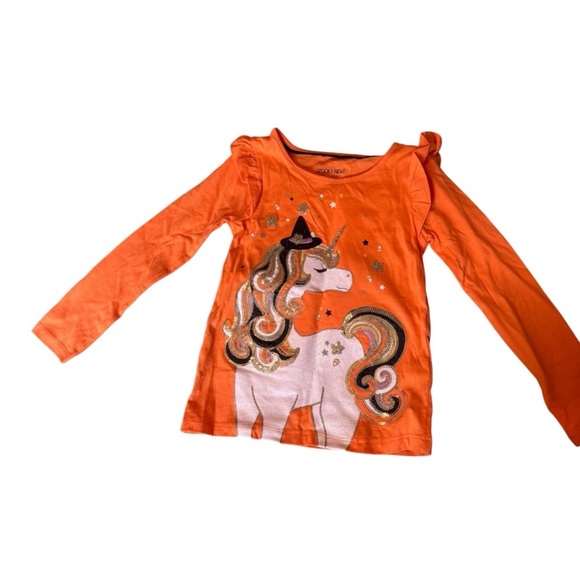 Spooky Night Halloween Unicorn Top Girls XS (4) Long Sleeve Orange Glitter Tee - Picture 5 of 5